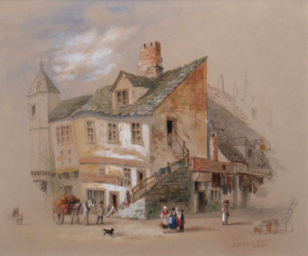 An 1846 watercolour painting depicting a historic Edinburgh street scene with stone buildings, a horse-drawn cart, and figures.
