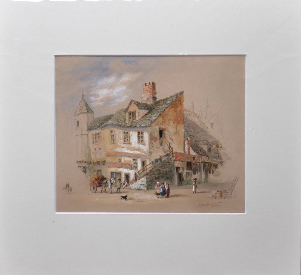 An 1846 watercolour painting depicting a historic Edinburgh street scene with stone buildings, a horse-drawn cart, and figures. View II