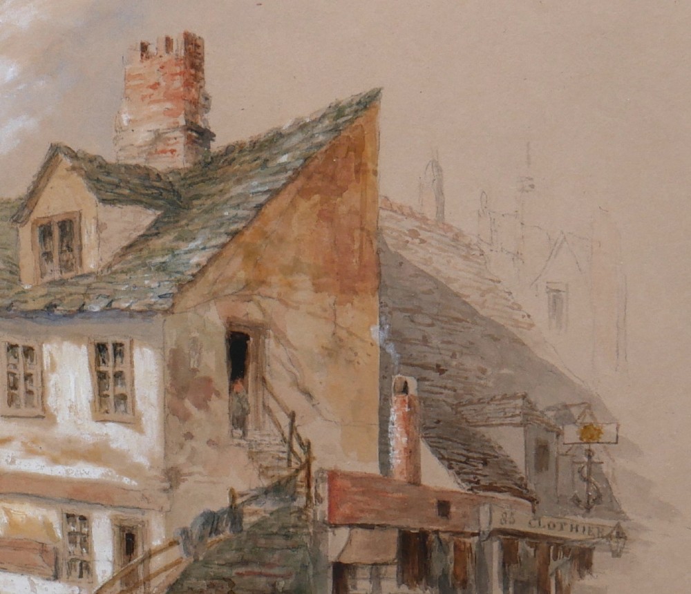 An 1846 watercolour painting depicting a historic Edinburgh street scene with stone buildings, a horse-drawn cart, and figures. View IV
