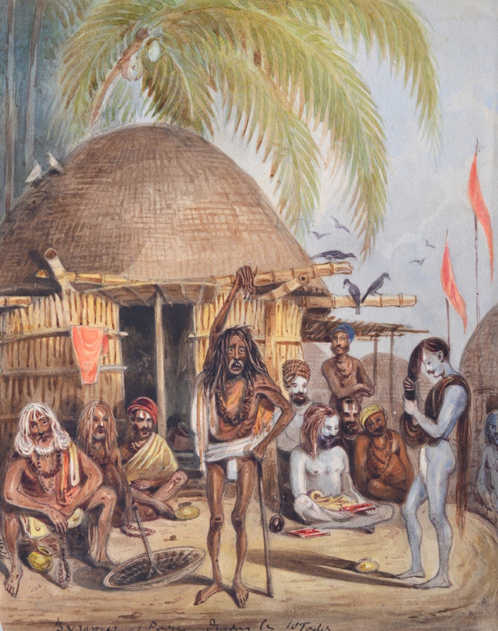 A nineteenth-century watercolour painting depicting a group of Indian ascetics gathered outside a thatched hut beneath palm fronds.