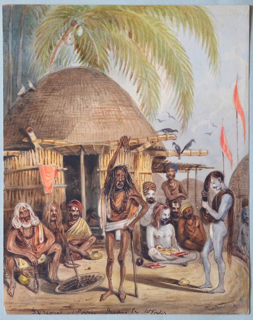 A nineteenth-century watercolour painting depicting a group of Indian ascetics gathered outside a thatched hut beneath palm fronds. View II