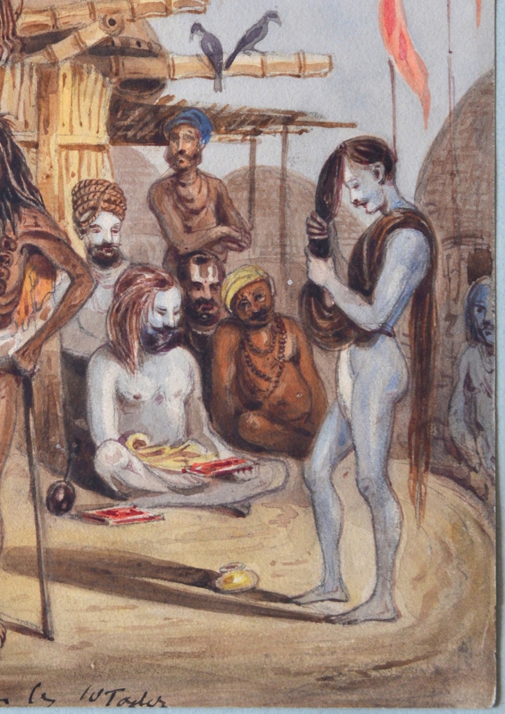 A nineteenth-century watercolour painting depicting a group of Indian ascetics gathered outside a thatched hut beneath palm fronds. View IV