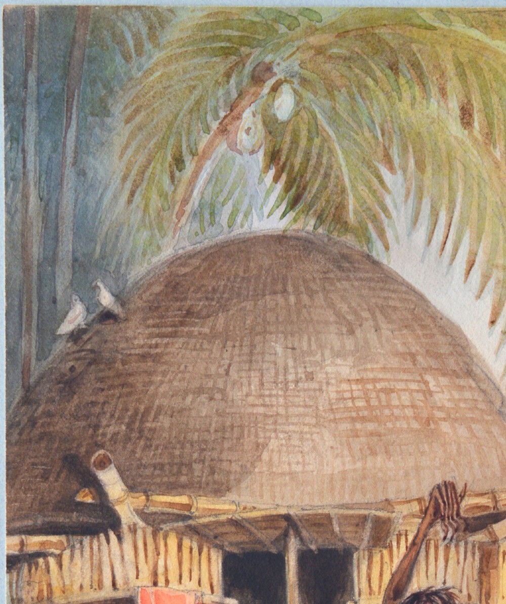 A nineteenth-century watercolour painting depicting a group of Indian ascetics gathered outside a thatched hut beneath palm fronds. View V