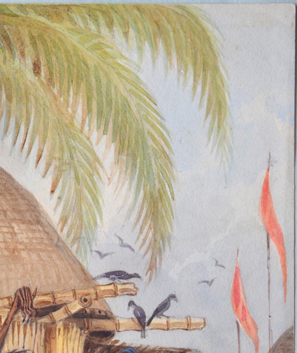A nineteenth-century watercolour painting depicting a group of Indian ascetics gathered outside a thatched hut beneath palm fronds. View VI