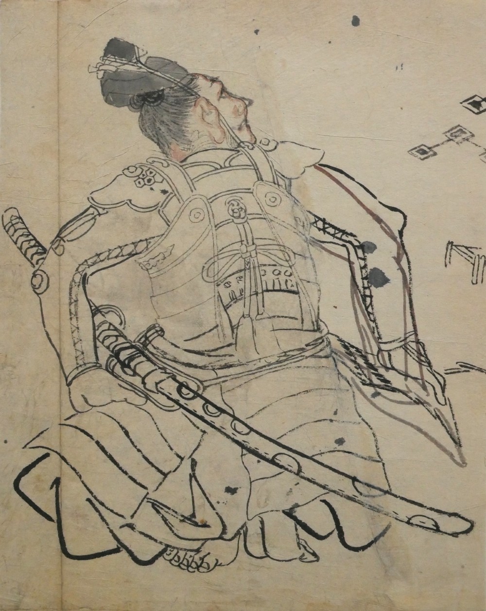 An antique Japanese ink drawing on aged paper depicting a seated samurai in detailed body armour looking upwards.