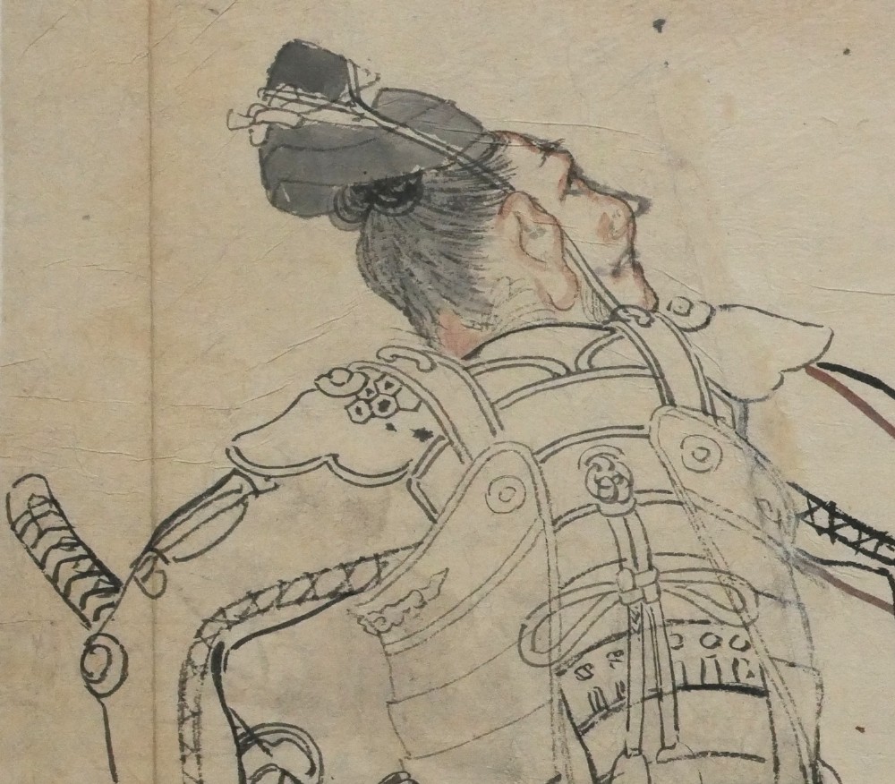 An antique Japanese ink drawing on aged paper depicting a seated samurai in detailed body armour looking upwards. View III