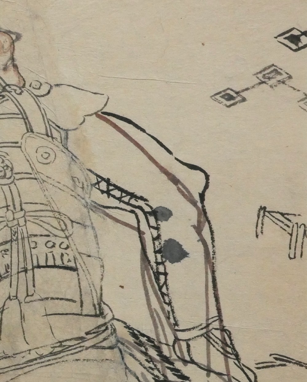 An antique Japanese ink drawing on aged paper depicting a seated samurai in detailed body armour looking upwards. View IV