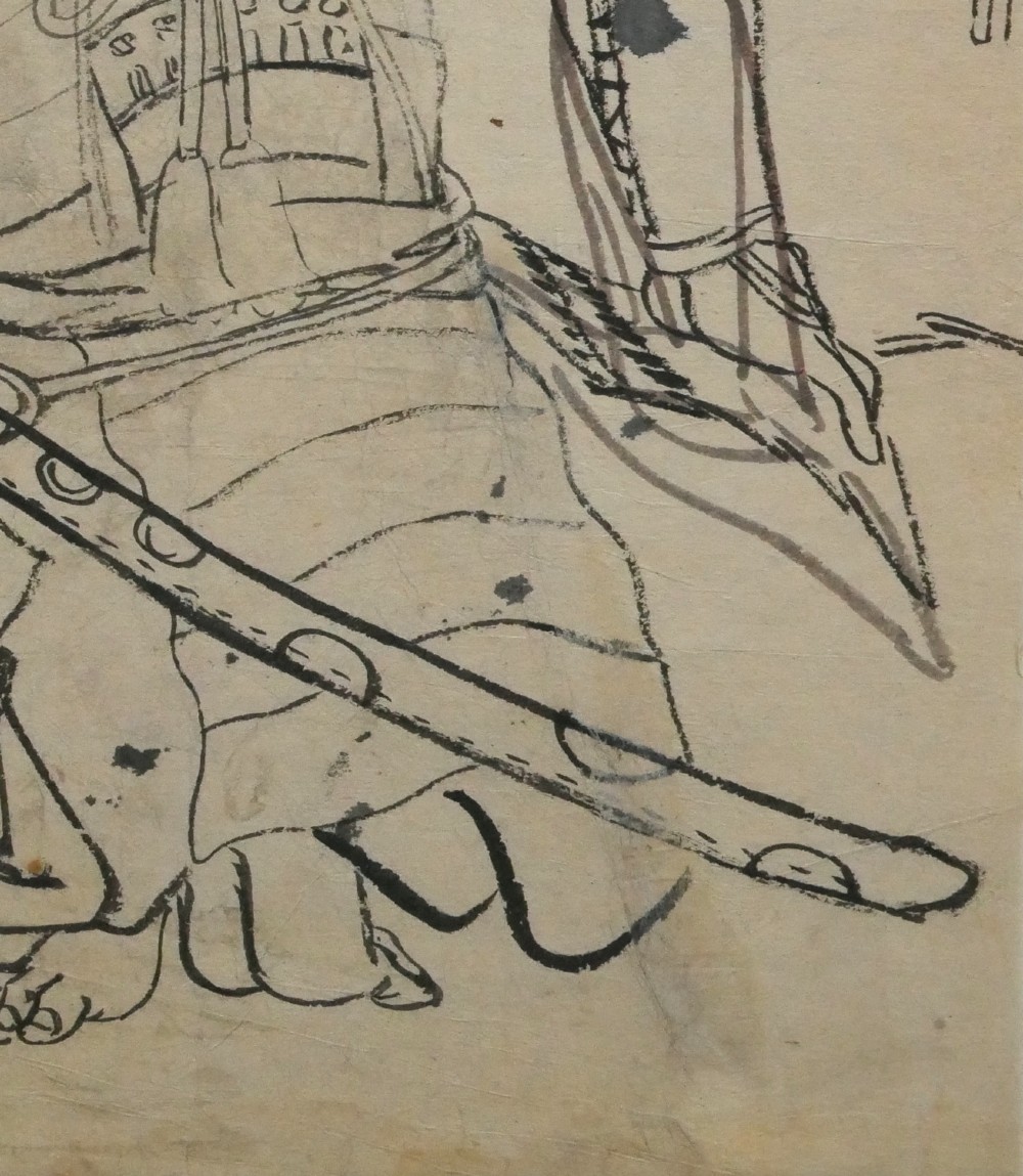 An antique Japanese ink drawing on aged paper depicting a seated samurai in detailed body armour looking upwards. View VI