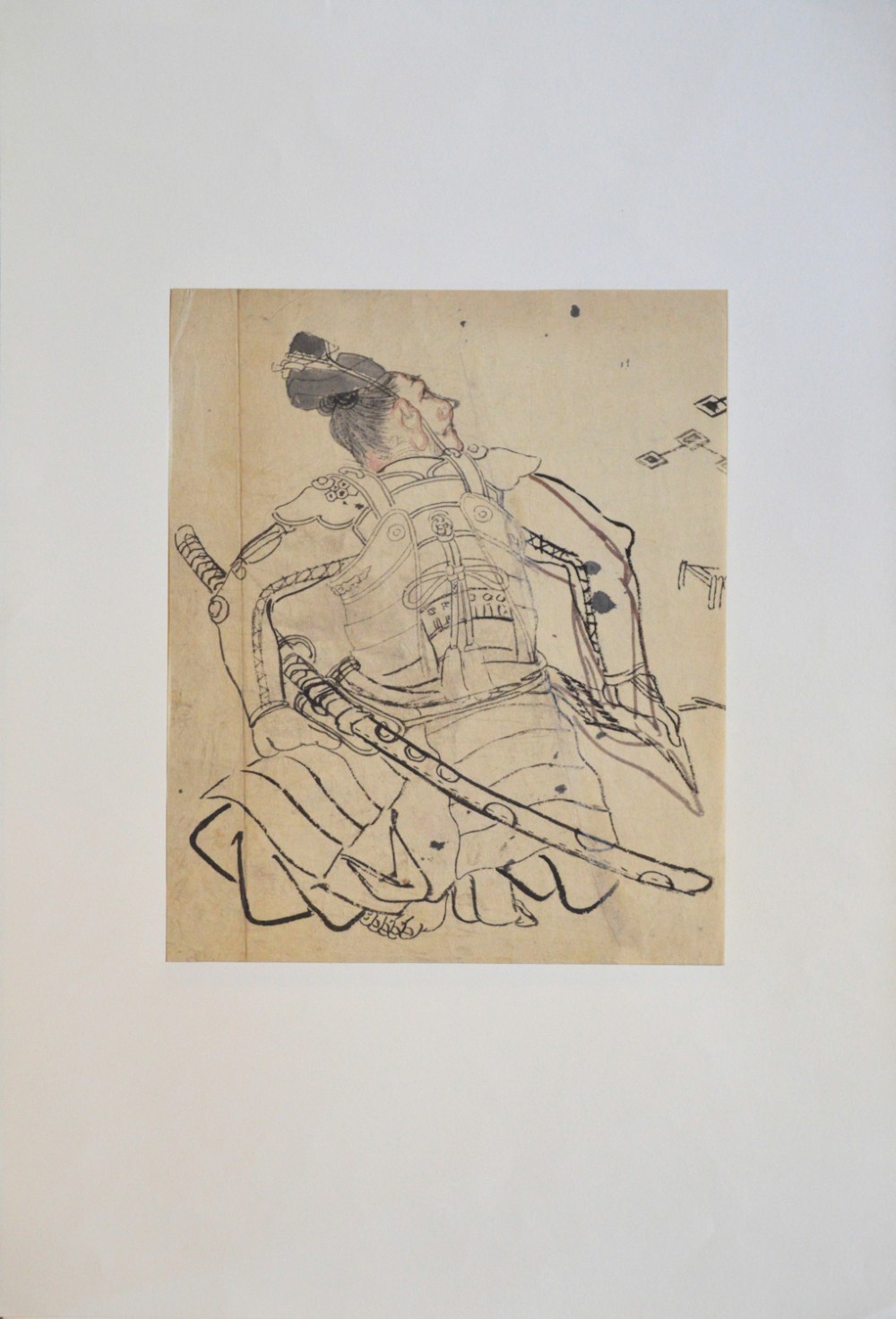 An antique Japanese ink drawing on aged paper depicting a seated samurai in detailed body armour looking upwards. View VIII