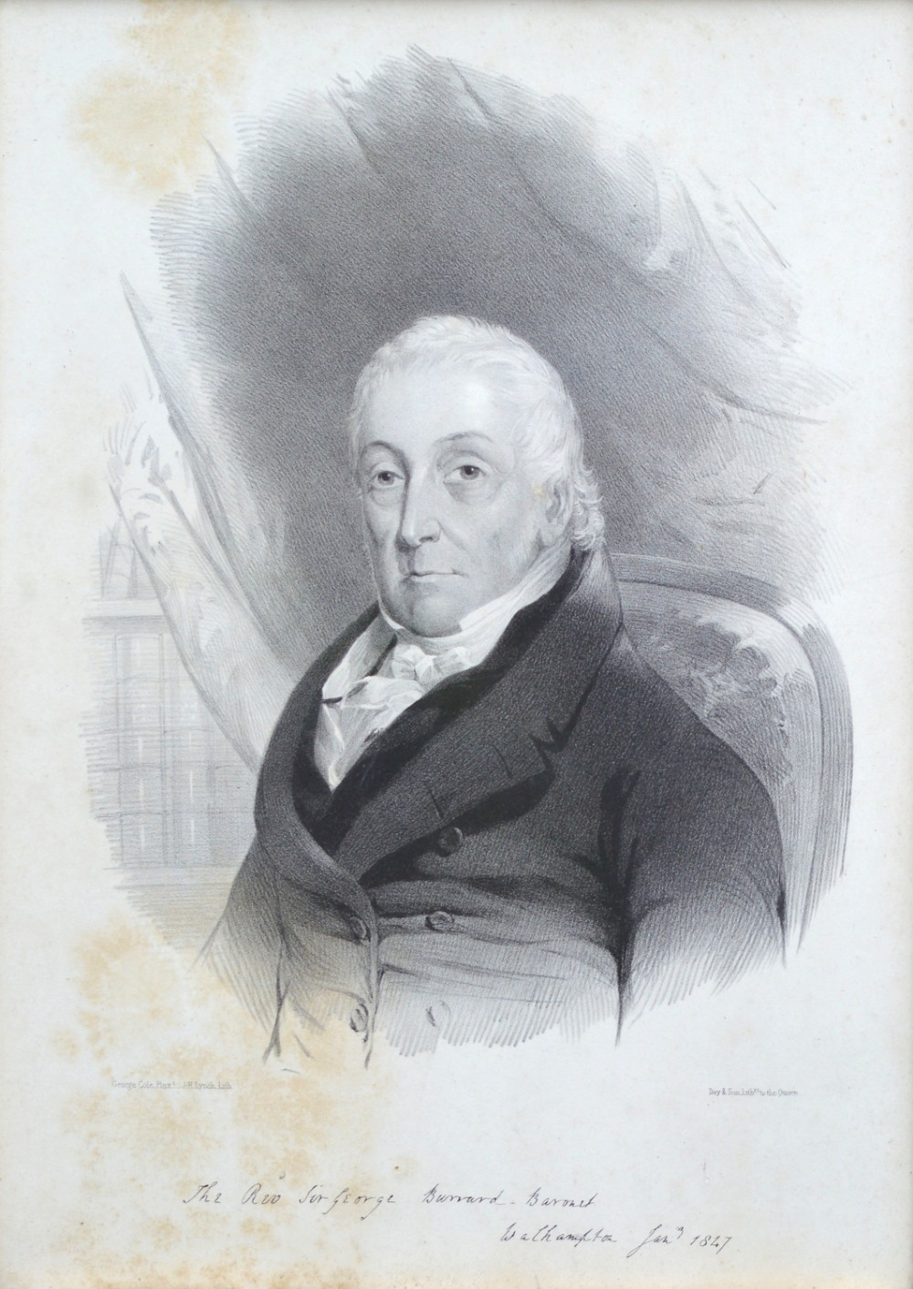 A 19th-century monochrome portrait lithograph of a gentleman in a dark coat, presented inside a moulded gilt wood frame with an inscribed metal plaque. View III