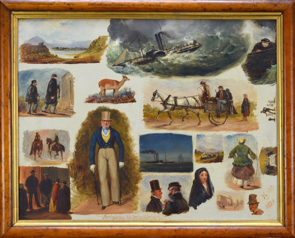 Framed mid-nineteenth-century oil painting on panel featuring multiple vignette sketches depicting figures, steamships, and landscapes from a journey to Ireland, signed and dated 1851.