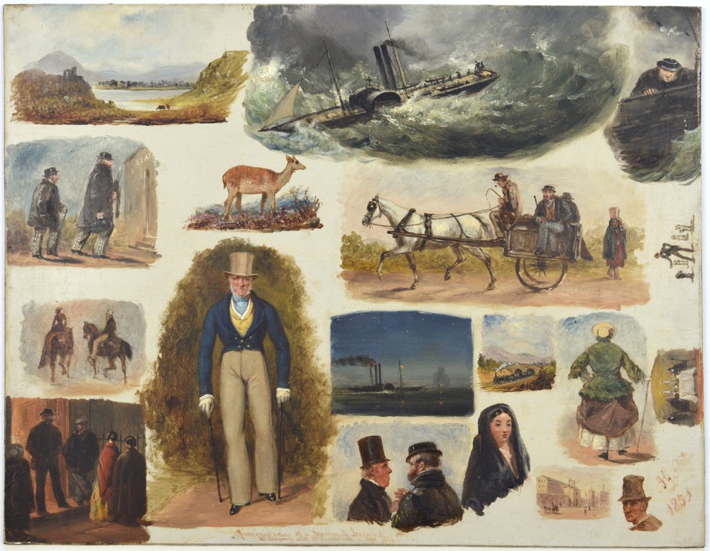 Framed mid-nineteenth-century oil painting on panel featuring multiple vignette sketches depicting figures, steamships, and landscapes from a journey to Ireland, signed and dated 1851. View II