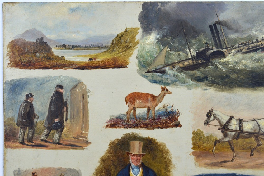Framed mid-nineteenth-century oil painting on panel featuring multiple vignette sketches depicting figures, steamships, and landscapes from a journey to Ireland, signed and dated 1851. View IV