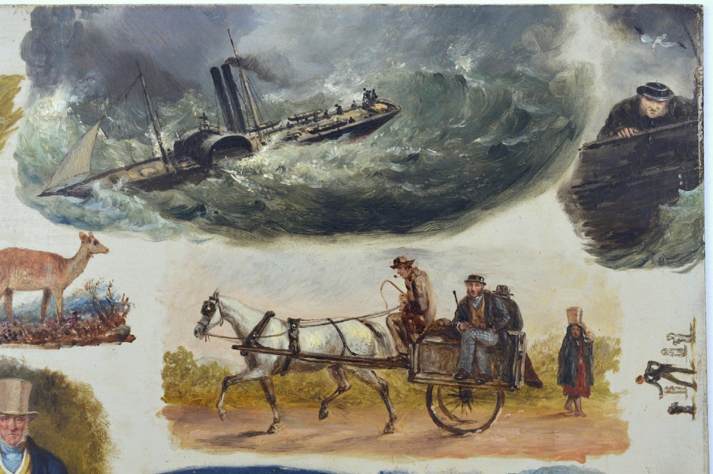 Framed mid-nineteenth-century oil painting on panel featuring multiple vignette sketches depicting figures, steamships, and landscapes from a journey to Ireland, signed and dated 1851. View V
