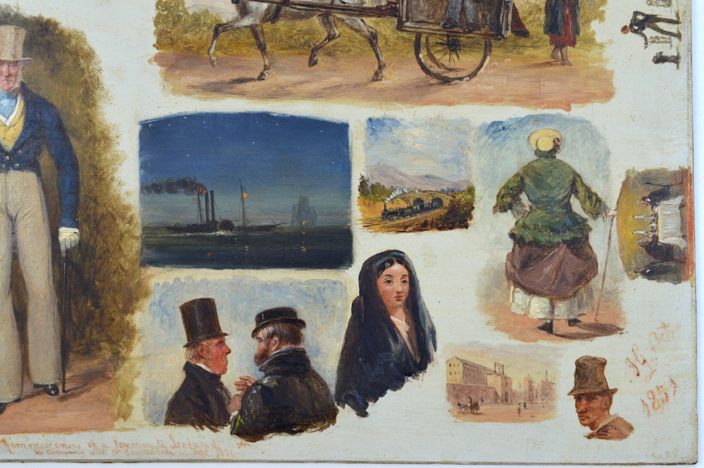 Framed mid-nineteenth-century oil painting on panel featuring multiple vignette sketches depicting figures, steamships, and landscapes from a journey to Ireland, signed and dated 1851. View VI