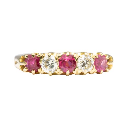 vintage 18ct gold ruby and diamond 5 stone ring - CATEGORY: ANTIQUE JEWELLERY - DATED 1960