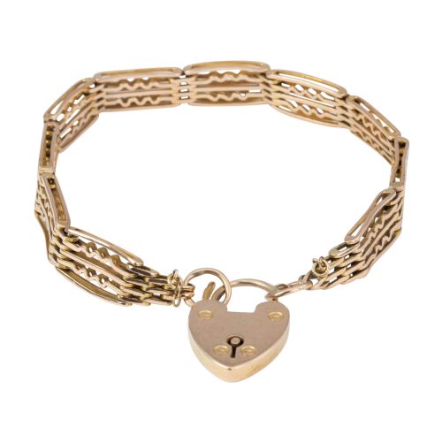 vintage 9ct rose gold 5 bar fancy gate bracelet with heart padlock - CATEGORY: ANTIQUE JEWELLERY - DATED 1930