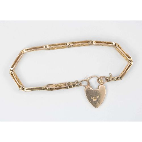 VINTAGE 9CT ROSE GOLD 5 BAR FANCY GATE BRACELET WITH HEART PADLOCK - ADDITIONAL PHOTO 1