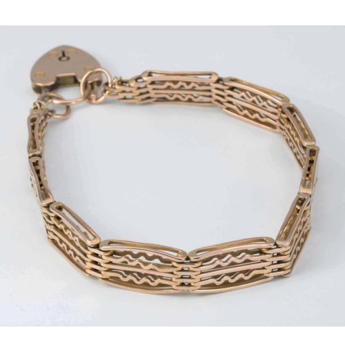 VINTAGE 9CT ROSE GOLD 5 BAR FANCY GATE BRACELET WITH HEART PADLOCK - ADDITIONAL PHOTO 3