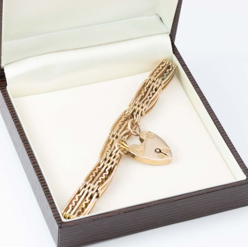 VINTAGE 9CT ROSE GOLD 5 BAR FANCY GATE BRACELET WITH HEART PADLOCK - ADDITIONAL PHOTO 6