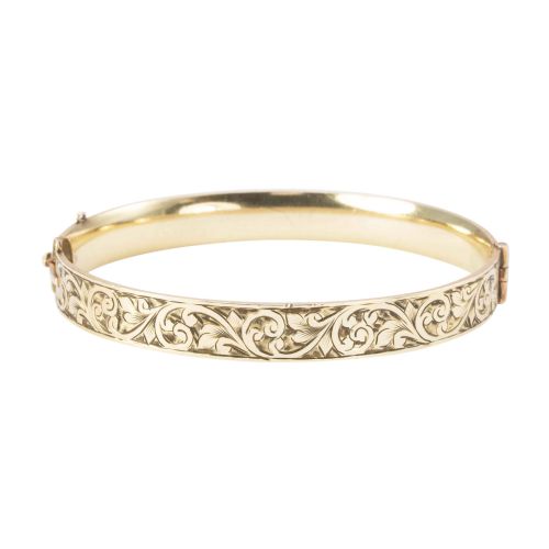 vintage 9ct gold on metal core floral engraved bangle - CATEGORY: ANTIQUE JEWELLERY - DATED 1960