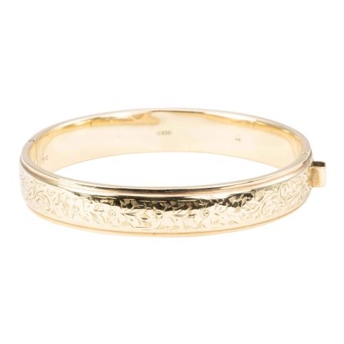 vintage 9ct gold floral engraved bangle - CATEGORY: ANTIQUE JEWELLERY - DATED 1960
