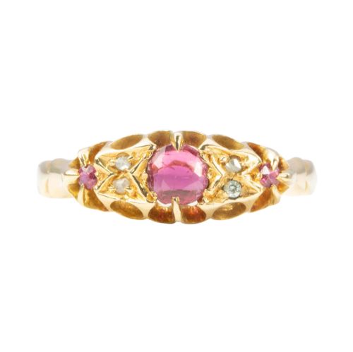 antique 18ct gold ruby and diamond 7 stone ring - CATEGORY: ANTIQUE JEWELLERY - DATED EDWARDIAN