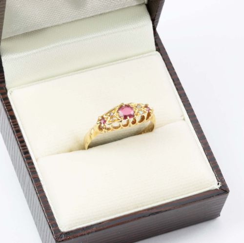 ANTIQUE 18CT GOLD RUBY AND DIAMOND 7 STONE RING - ADDITIONAL PHOTO 7