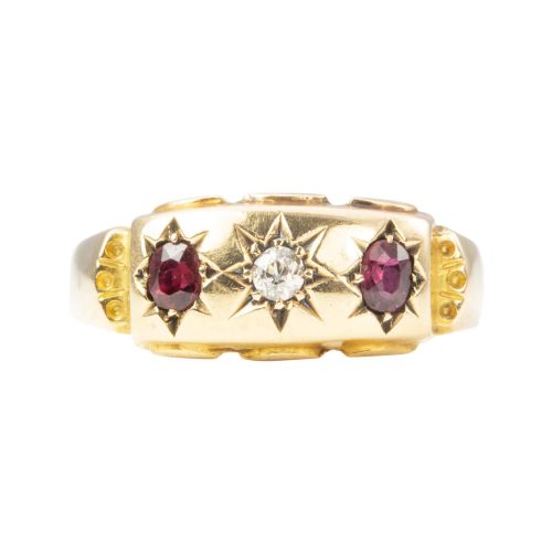 edwardian 18ct gold ruby and diamond 3 stone gypsy ring - CATEGORY: ANTIQUE JEWELLERY - DATED EDWARDIAN