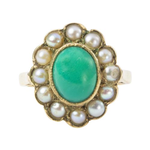 vintage 9ct gold turquoise and pearl cluster ring - CATEGORY: ANTIQUE JEWELLERY - DATED 1960
