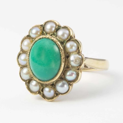 VINTAGE 9CT GOLD TURQUOISE AND PEARL CLUSTER RING - ADDITIONAL PHOTO 2