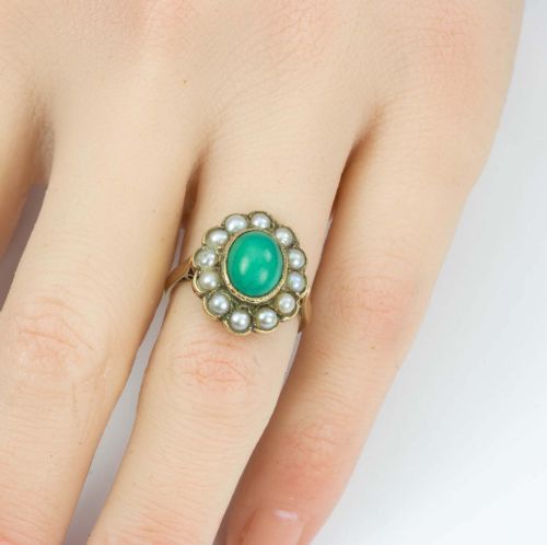 VINTAGE 9CT GOLD TURQUOISE AND PEARL CLUSTER RING - ADDITIONAL PHOTO 6