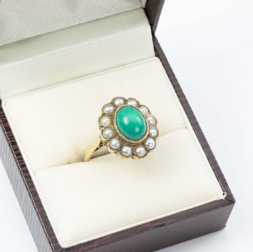 VINTAGE 9CT GOLD TURQUOISE AND PEARL CLUSTER RING - ADDITIONAL PHOTO 7