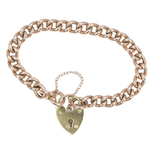 victorian 9ct rose gold curb charm bracelet and heart padlock - CATEGORY: ANTIQUE JEWELLERY - DATED VICTORIAN