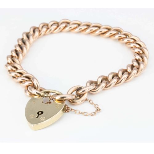 VICTORIAN 9CT ROSE GOLD CURB CHARM BRACELET AND HEART PADLOCK - ADDITIONAL PHOTO 1