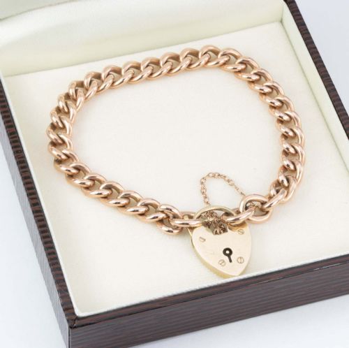 VICTORIAN 9CT ROSE GOLD CURB CHARM BRACELET AND HEART PADLOCK - ADDITIONAL PHOTO 6