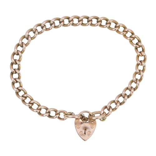 victorian 9ct rose gold curb charm bracelet with heart padlock - CATEGORY: ANTIQUE JEWELLERY - DATED VICTORIAN