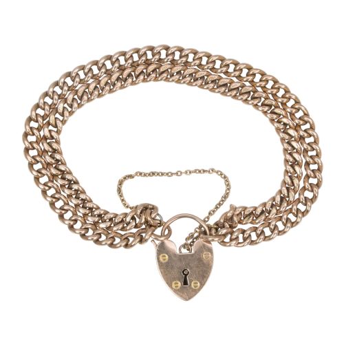 victorian 9ct rose gold double curb charm bracelet with heart padlock - CATEGORY: ANTIQUE JEWELLERY - DATED VICTORIAN
