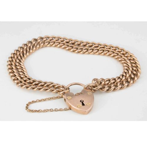 VICTORIAN 9CT ROSE GOLD DOUBLE CURB CHARM BRACELET WITH HEART PADLOCK - ADDITIONAL PHOTO 1