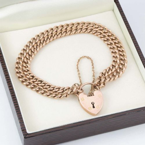 VICTORIAN 9CT ROSE GOLD DOUBLE CURB CHARM BRACELET WITH HEART PADLOCK - ADDITIONAL PHOTO 7