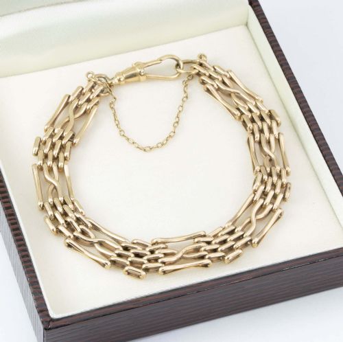 VINTAGE 9CT GOLD FANCY 4 BAR GATE BRACELET WITH DOG CLIP - ADDITIONAL PHOTO 7