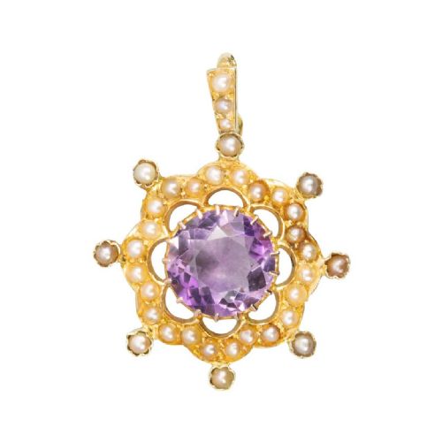 victorian 15ct gold amethyst seed pearl ornate pendant - CATEGORY: ANTIQUE JEWELLERY - DATED VICTORIAN