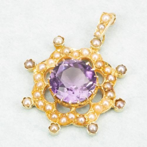 VICTORIAN 15CT GOLD AMETHYST SEED PEARL ORNATE PENDANT - ADDITIONAL PHOTO 1