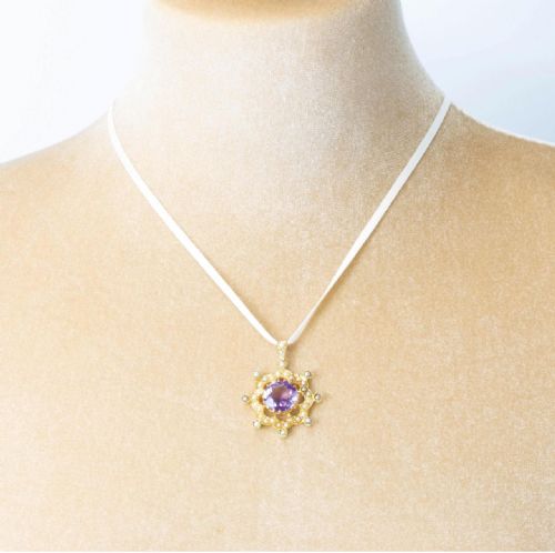 VICTORIAN 15CT GOLD AMETHYST SEED PEARL ORNATE PENDANT - ADDITIONAL PHOTO 3