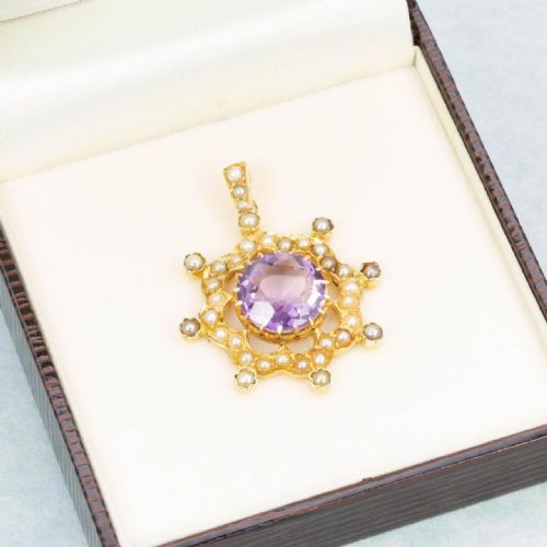 VICTORIAN 15CT GOLD AMETHYST SEED PEARL ORNATE PENDANT - ADDITIONAL PHOTO 4