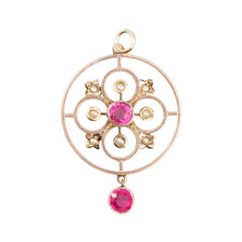 victorian 9ct rose gold pink paste seed pearl round pendant - CATEGORY: ANTIQUE JEWELLERY - DATED VICTORIAN