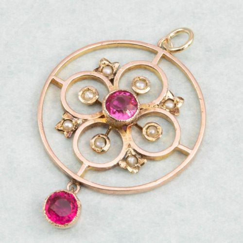 VICTORIAN 9CT ROSE GOLD PINK PASTE SEED PEARL ROUND PENDANT - ADDITIONAL PHOTO 1