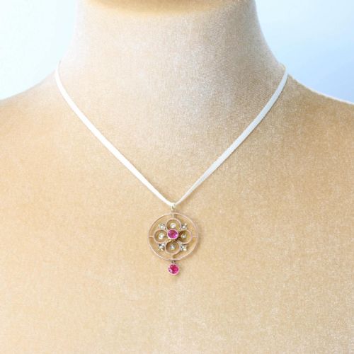 VICTORIAN 9CT ROSE GOLD PINK PASTE SEED PEARL ROUND PENDANT - ADDITIONAL PHOTO 2