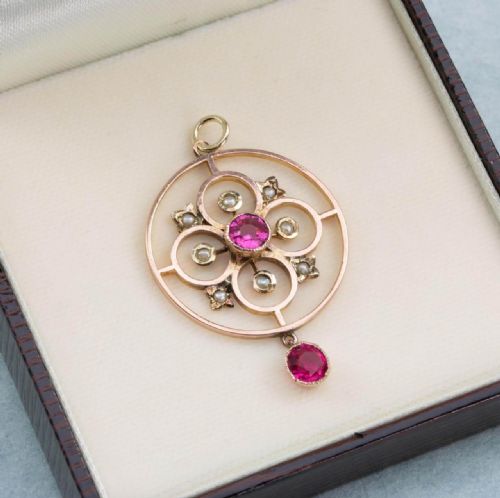 VICTORIAN 9CT ROSE GOLD PINK PASTE SEED PEARL ROUND PENDANT - ADDITIONAL PHOTO 4