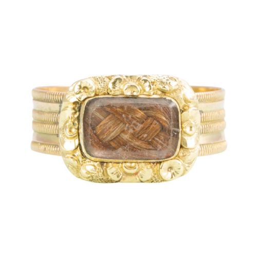 georgian 15ct gold mourning ring with hairwork panel - CATEGORY: ANTIQUE JEWELLERY - DATED GEORGIAN